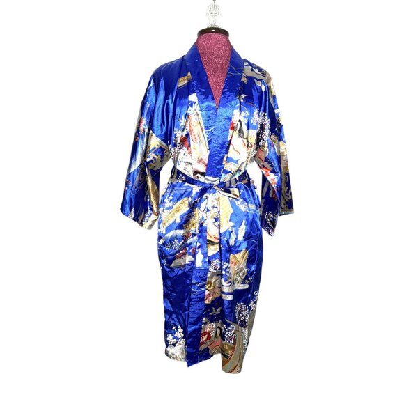 Vintage Ichi Ban Japanese Kimono Robe With Scenic Print & Tie Belt - Size 42 - Picture 3 of 14